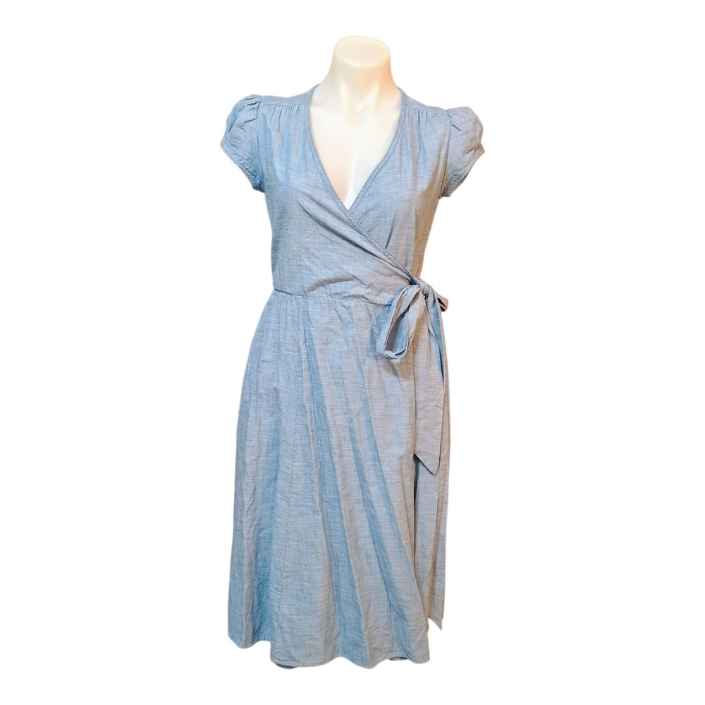 Gap Women's Size 4 Full Wrap Dress Blue Chambray Cotton Cap Sleeve Pockets